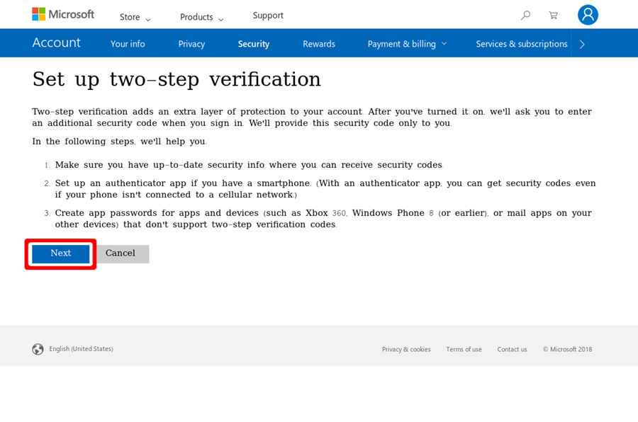 Set up two-step verification (from Microsoft)