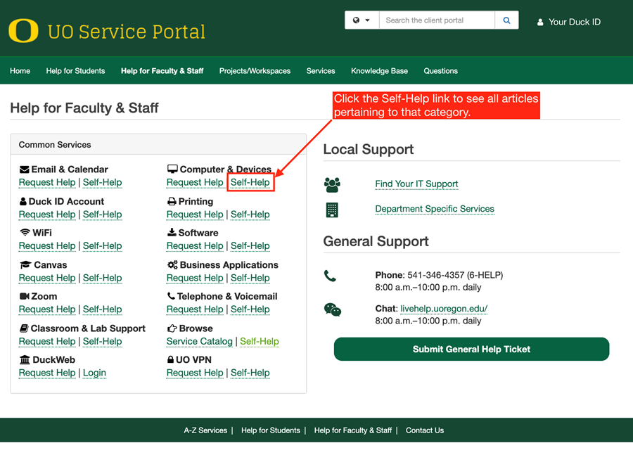 UO Service Portal Help for Faculty and Staff page with a self-help link highlighted