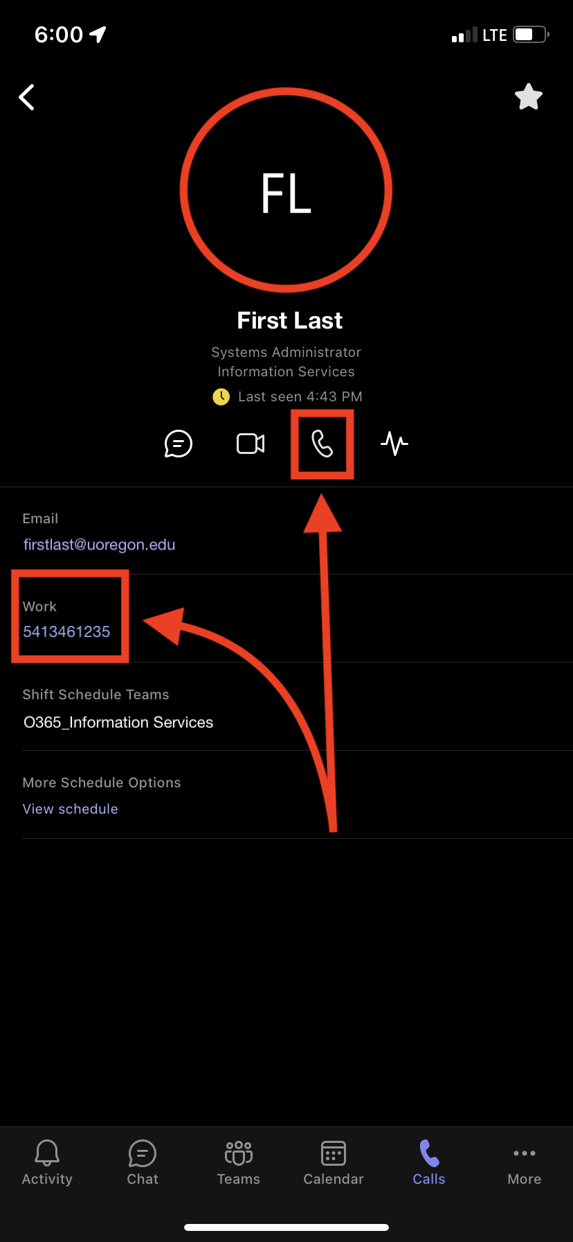 Select the phone icon for Teams Audio or the phone number for the phone service.