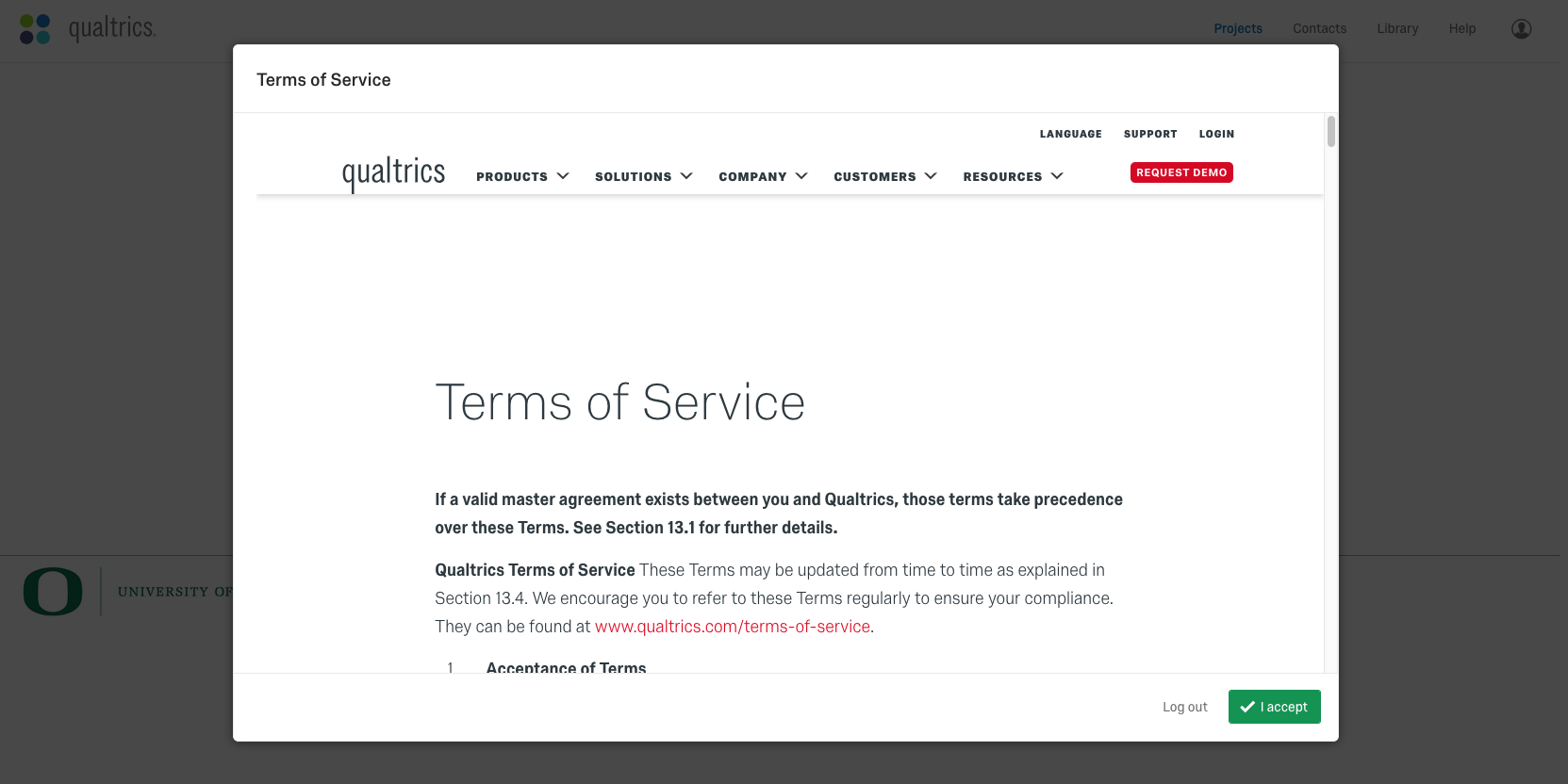 The Qualtrics terms of service page