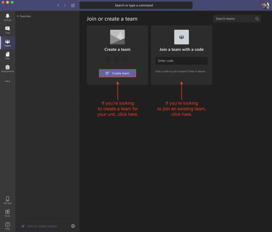 Create a team if you're looking to create a new team. To join an existing team, talk to the Group administrator and get a code from them. Enter the code in the Enter Code field to proceed.