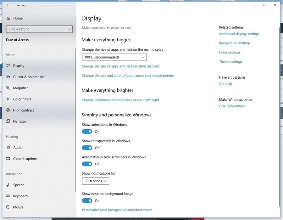 Settings for display notifications (Windows 10)
