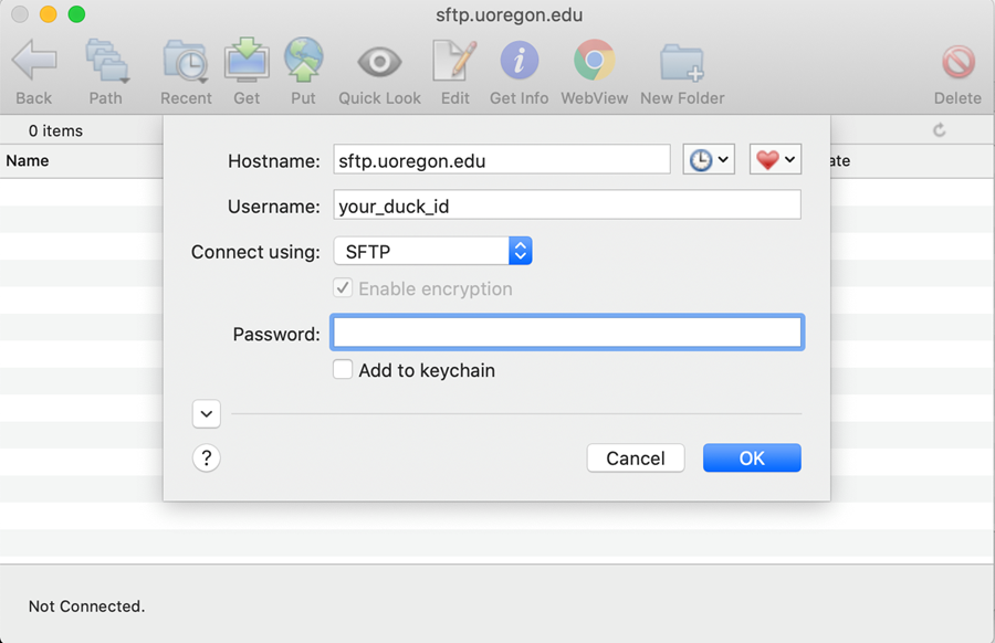 This picture shows the first box that shows up when using Fetch. The first input box is where the Hostname goes, the second input box is for your Duck ID username, and the third input box is for your Duck ID password.