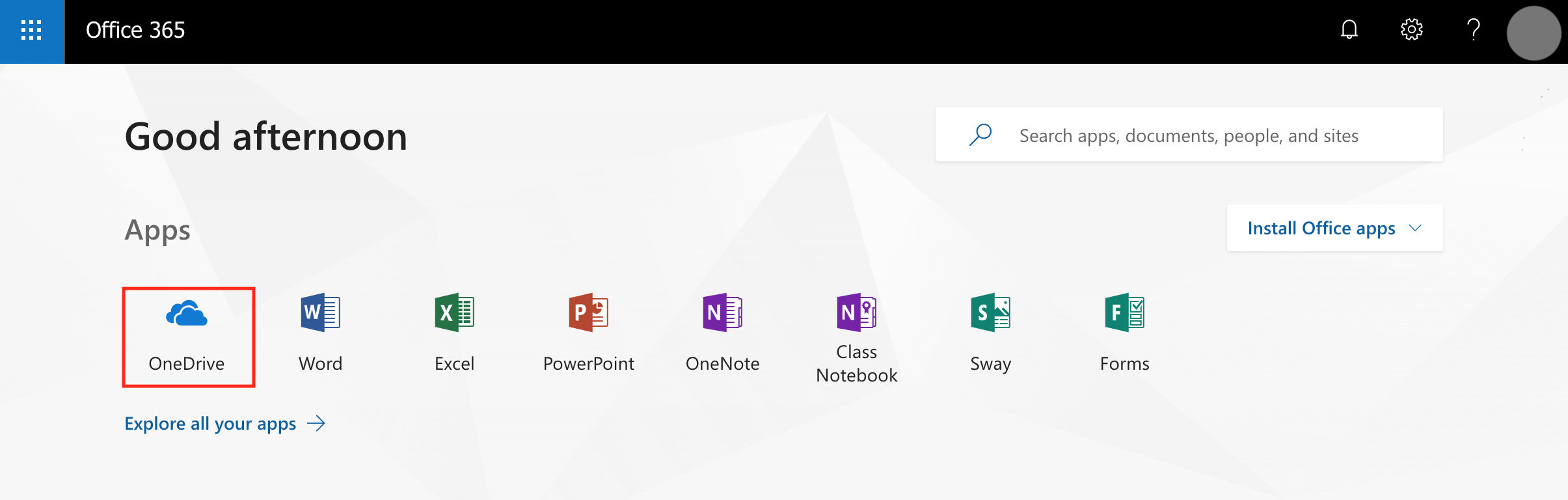 Office 365 home page with One Drive option highlighted