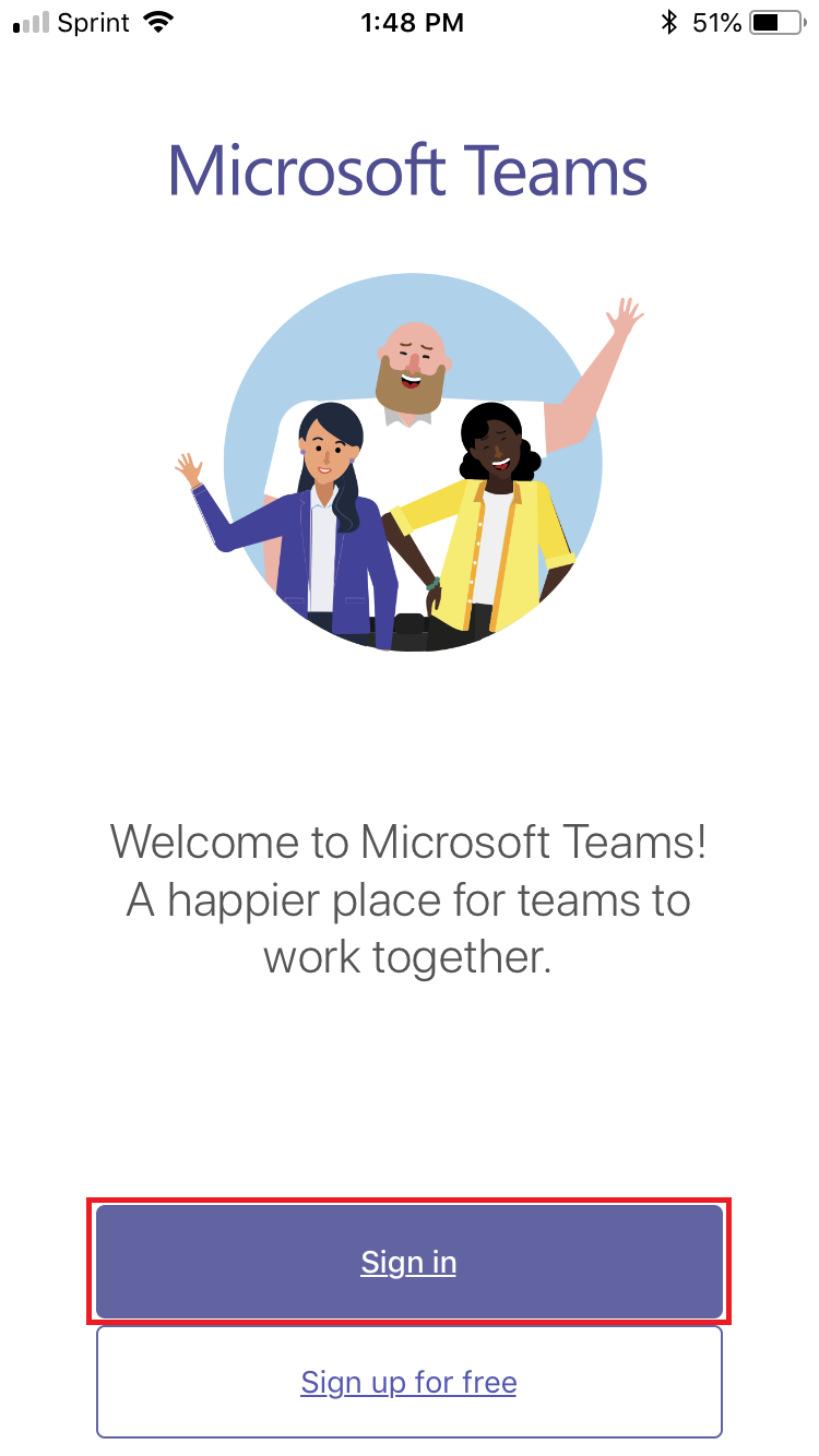 A picture of the sign in screen for microsoft teams on the iPhone