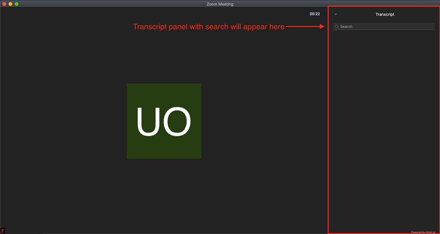Full transcript panel on the right-hand side of the Zoom Meeting window