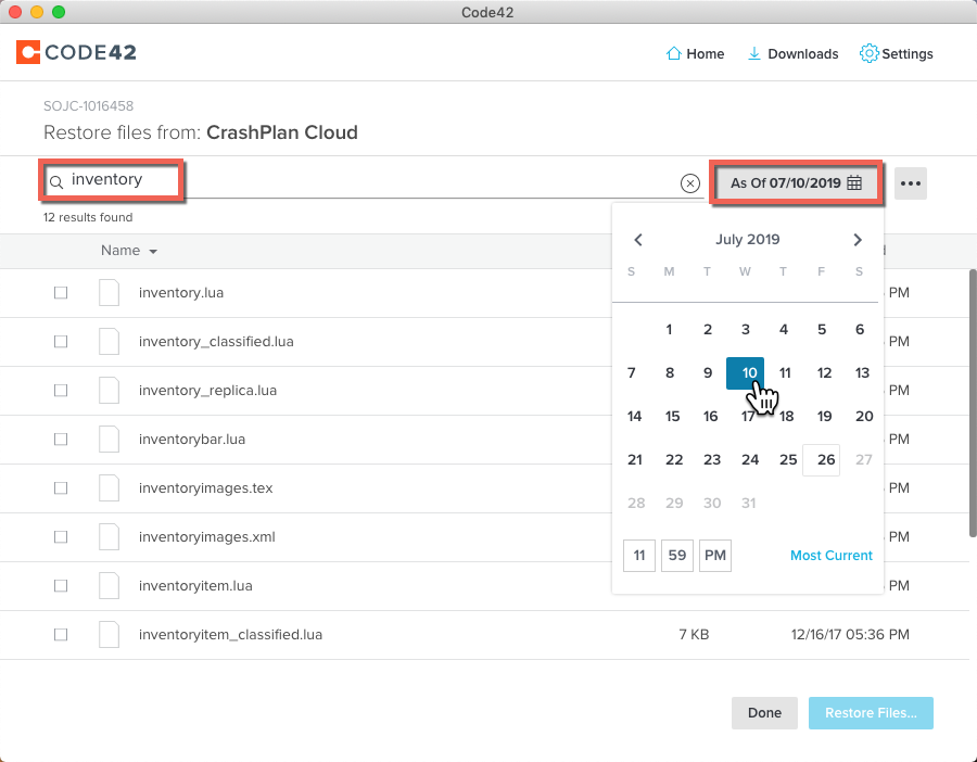 Restore files dialog box with search term inventory and the calendar icon highlighted