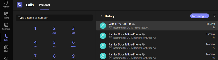 Teams call history with an entry labeled by call queue name.
