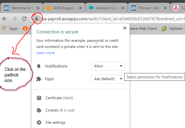 Padlock icon highlighted (Google Chrome) to enable Notifications permissions