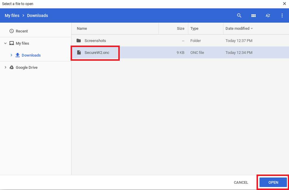 Chrome OS file picker with the UO Secure setup .onc file highlighted