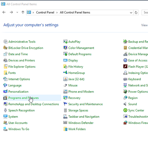 Select 'Programs and Features'