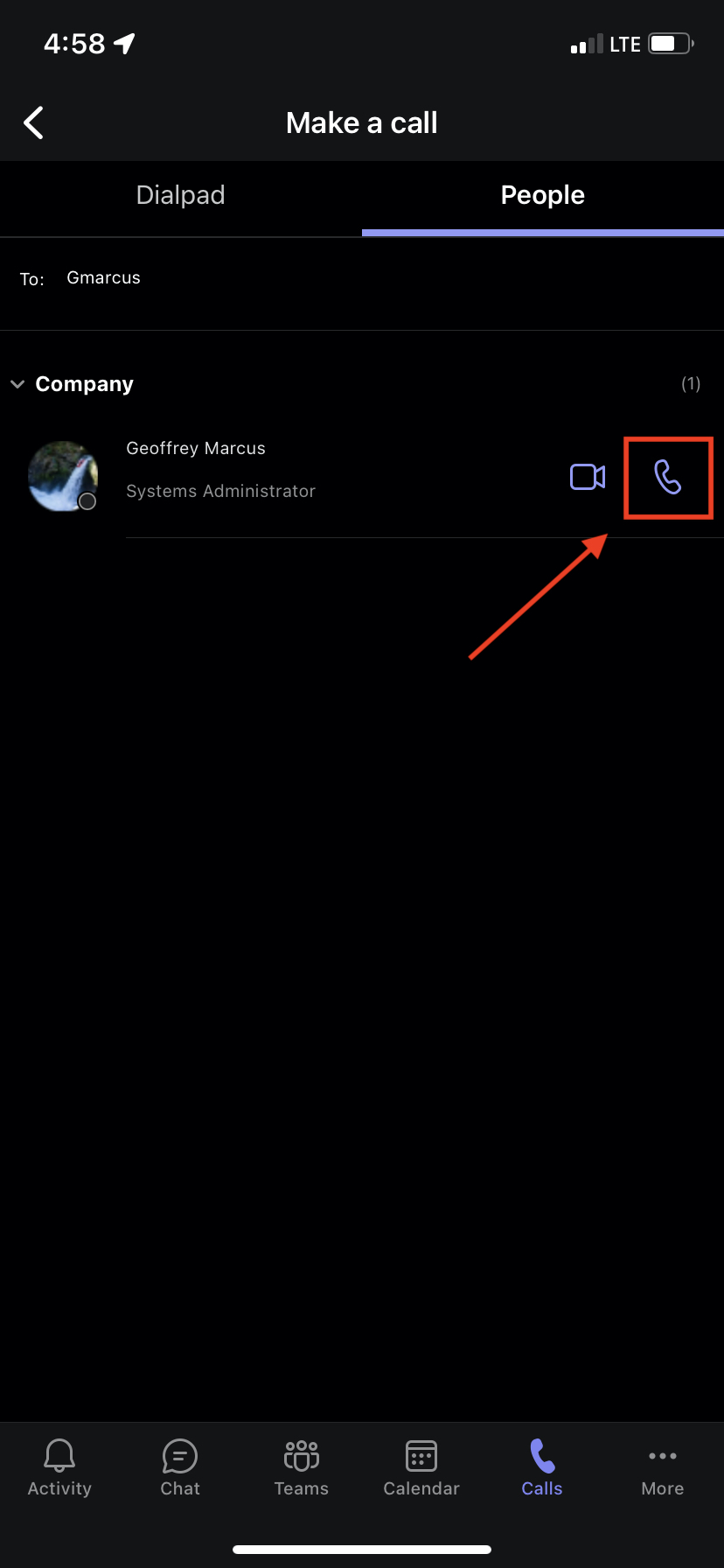 People Tab with the search results' phone icon highlighted.
