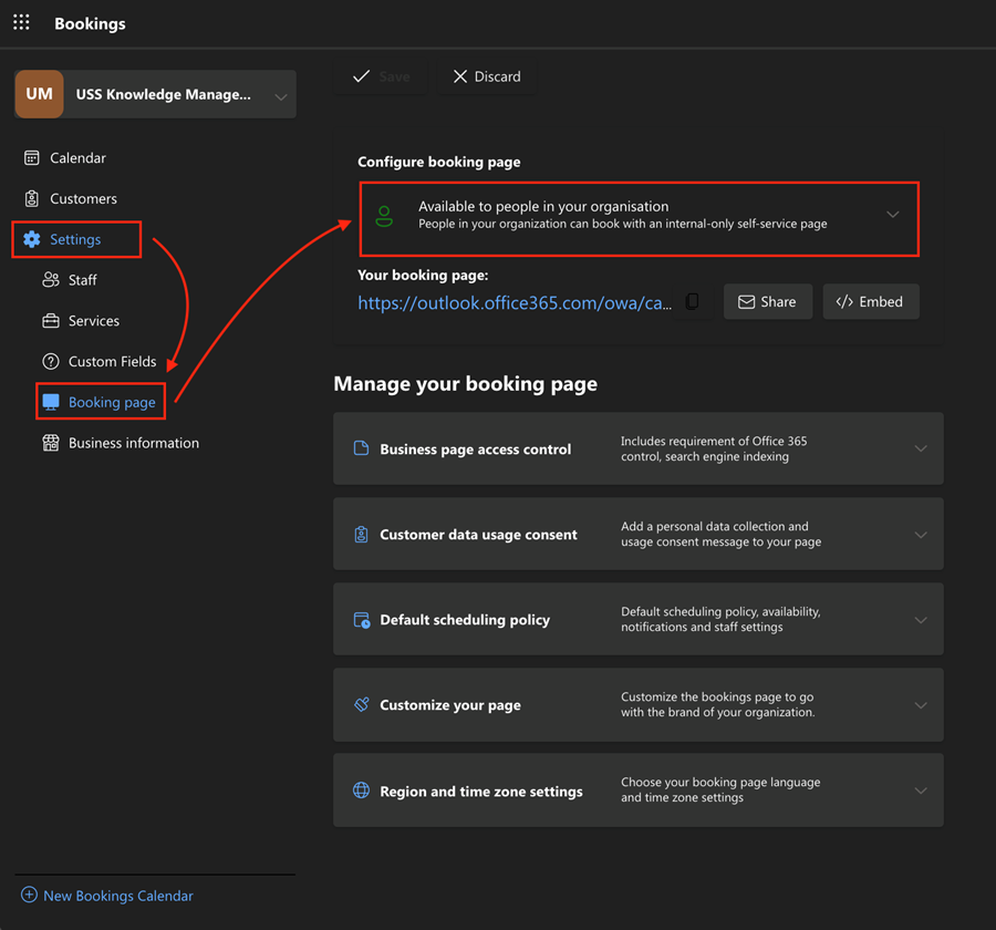 Settings menu, Booking page options, Configuring booking page (for visibility)