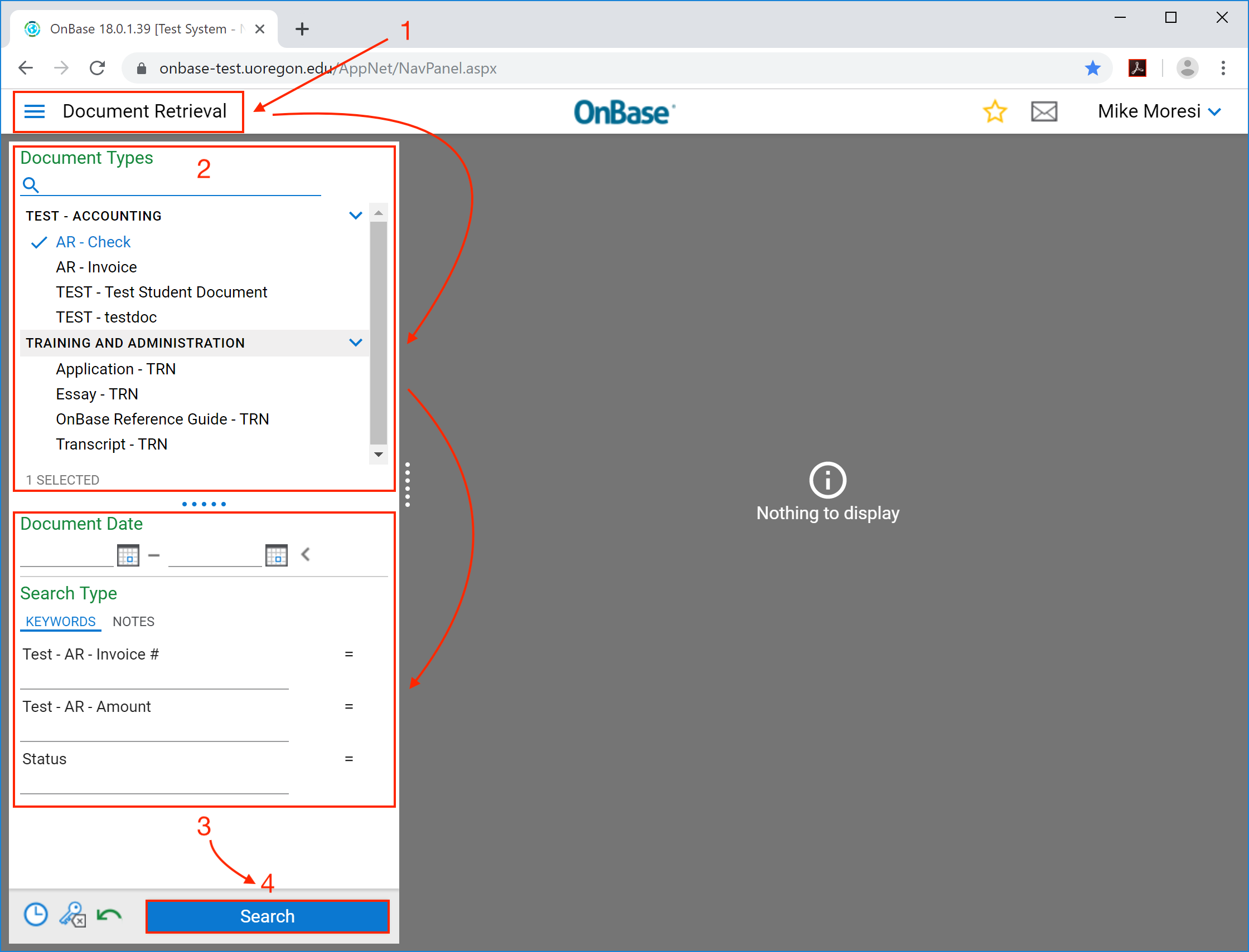 Click on three-line menu and select Document Retrieval, select the document type groups you wish to search from, enter any date ranges and keywords, then click Search.