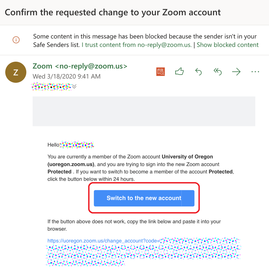 Switch to the new account email message from Zoom.