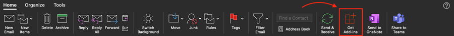 The Outlook ribbon menu's Home tab with Get Add-ins highlighted