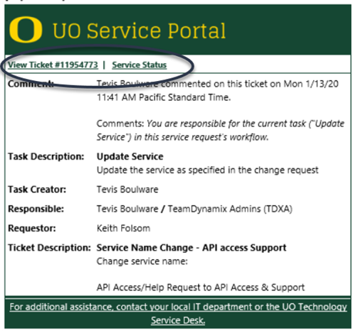 Task Notification message with ticket number and service status links highlighted