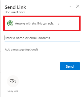 Send Link tab pops up after clicking share, click on Anyone with this link can edit