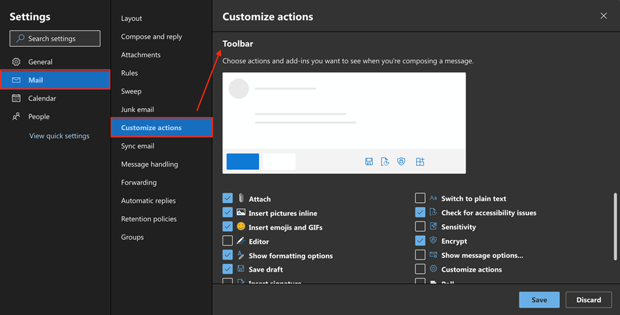 The Toolbar settings screen