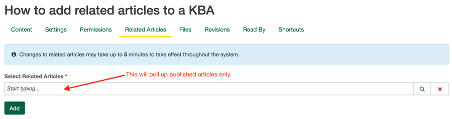 Start typing in the Select Related Articles field