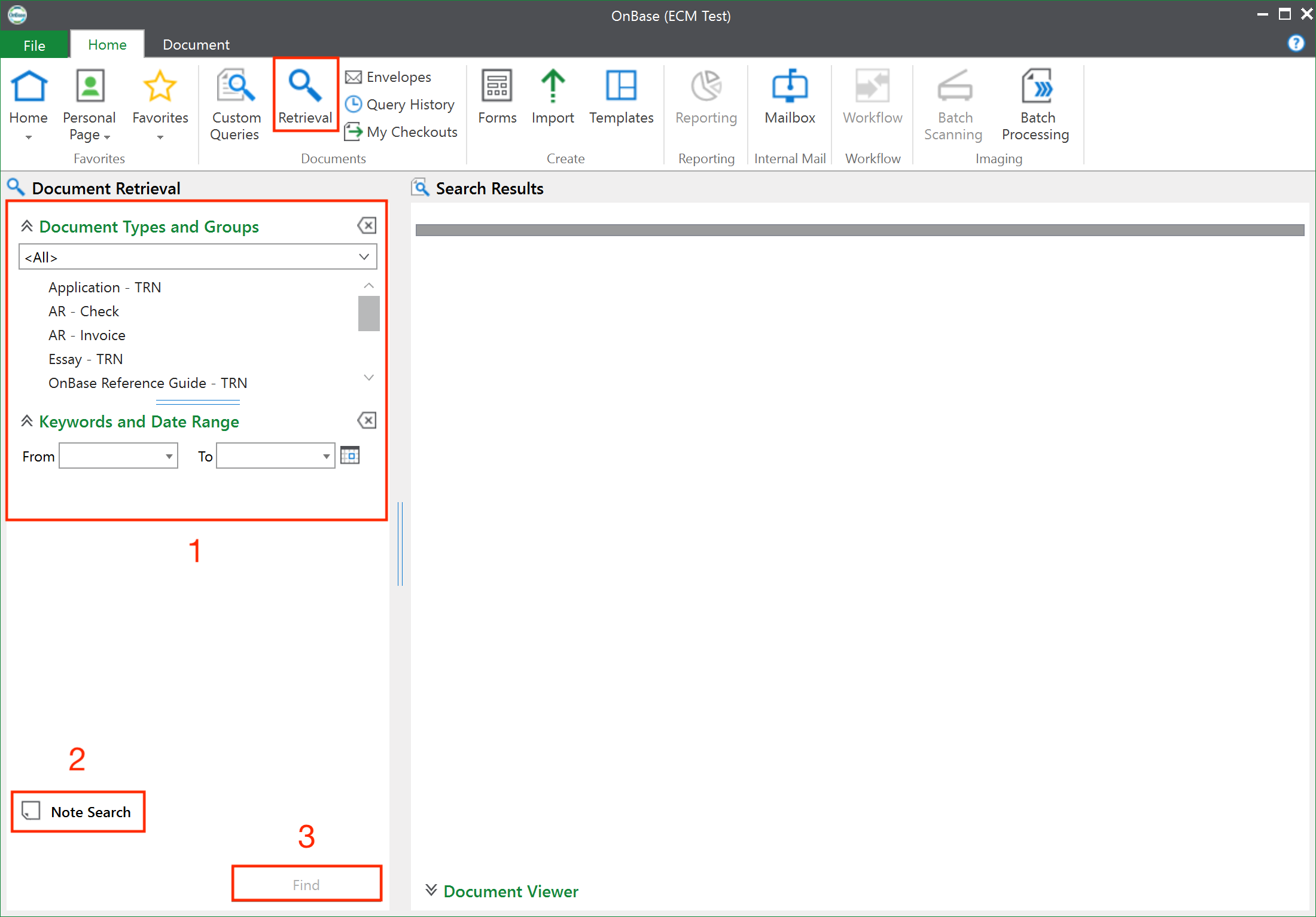 Click on the Retrieval tab in the ribbon menu then search by Document Type Groups, Document Types, and Keywords and Date Range, to find your file.