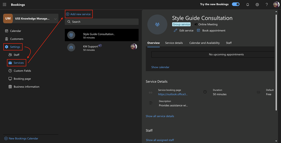 In the Settings view, click Services, then Add new service