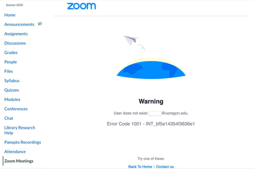 User does not exist error (Zoom via Canvas)