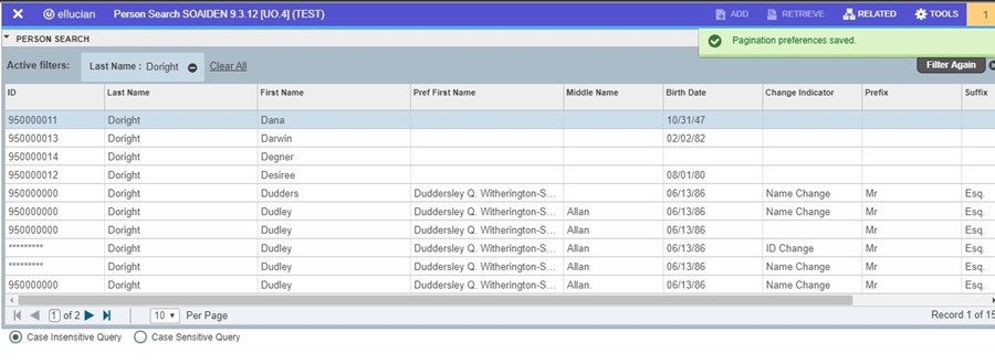 Pagination preferences saved in upper right corner of SOAIDEN dialog box.