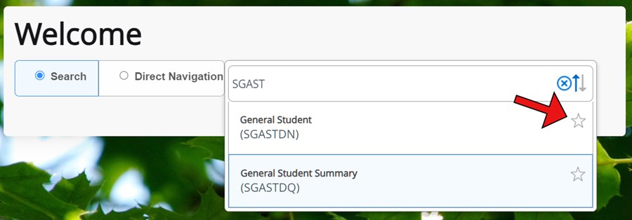 A screenshot of the search results screen. A red arrow is pointing at the empty star outline next to a form displayed in the search result.