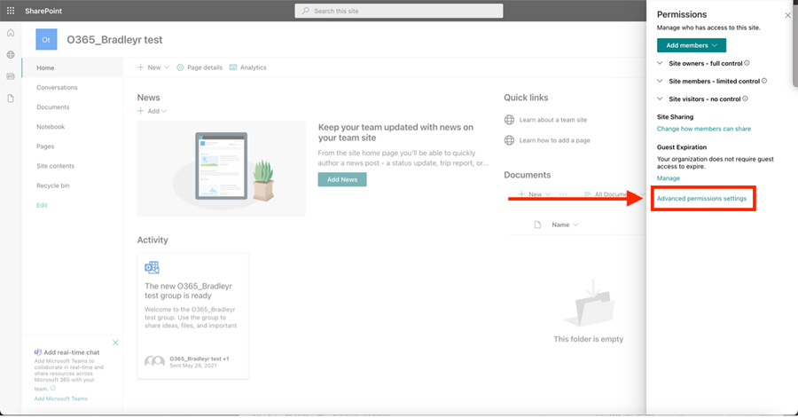 Advanced permissions highlighted