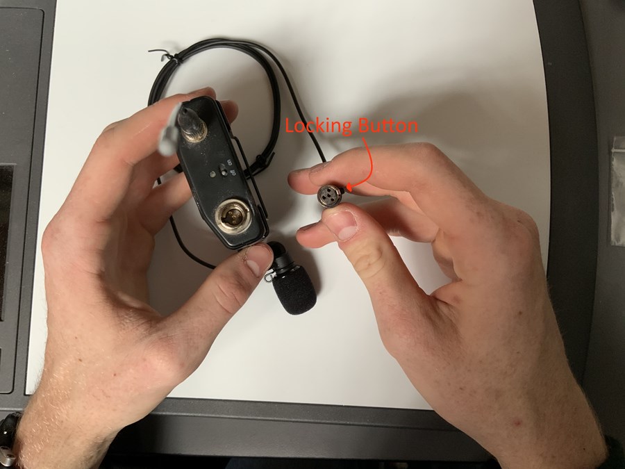The mic unit's plug adapter end with the mic pack's plug