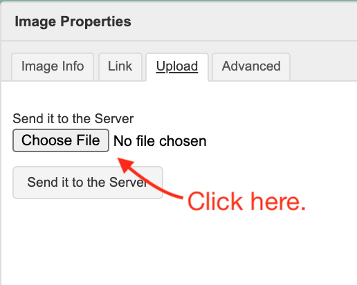 The Image Properties dialog box in the Upload tab with the Choose File button highlighted.