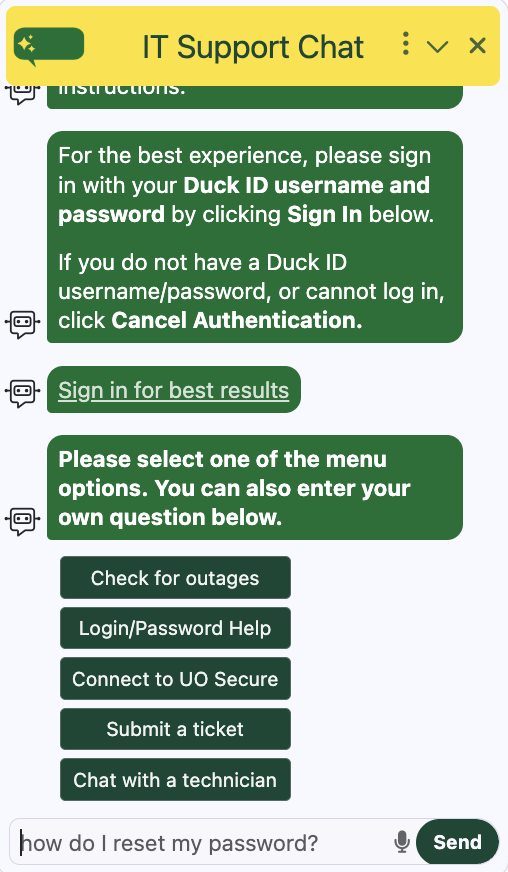 IT Support Chatbot Main menu