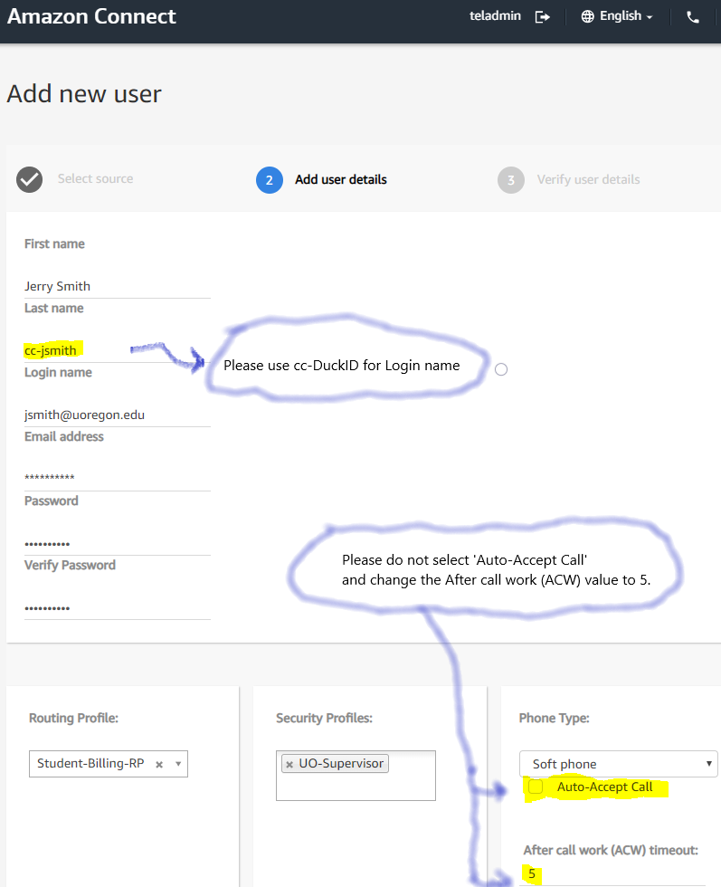 Amazon Connect Add new user screen