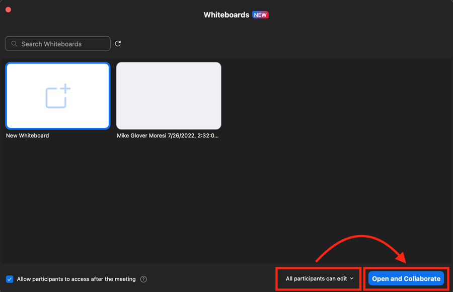 Choose the access level for participants then select Open and Collaborate