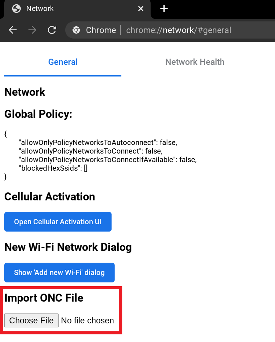 Chrome OS's Chrome://network screen with the Import ONC file option highlighted