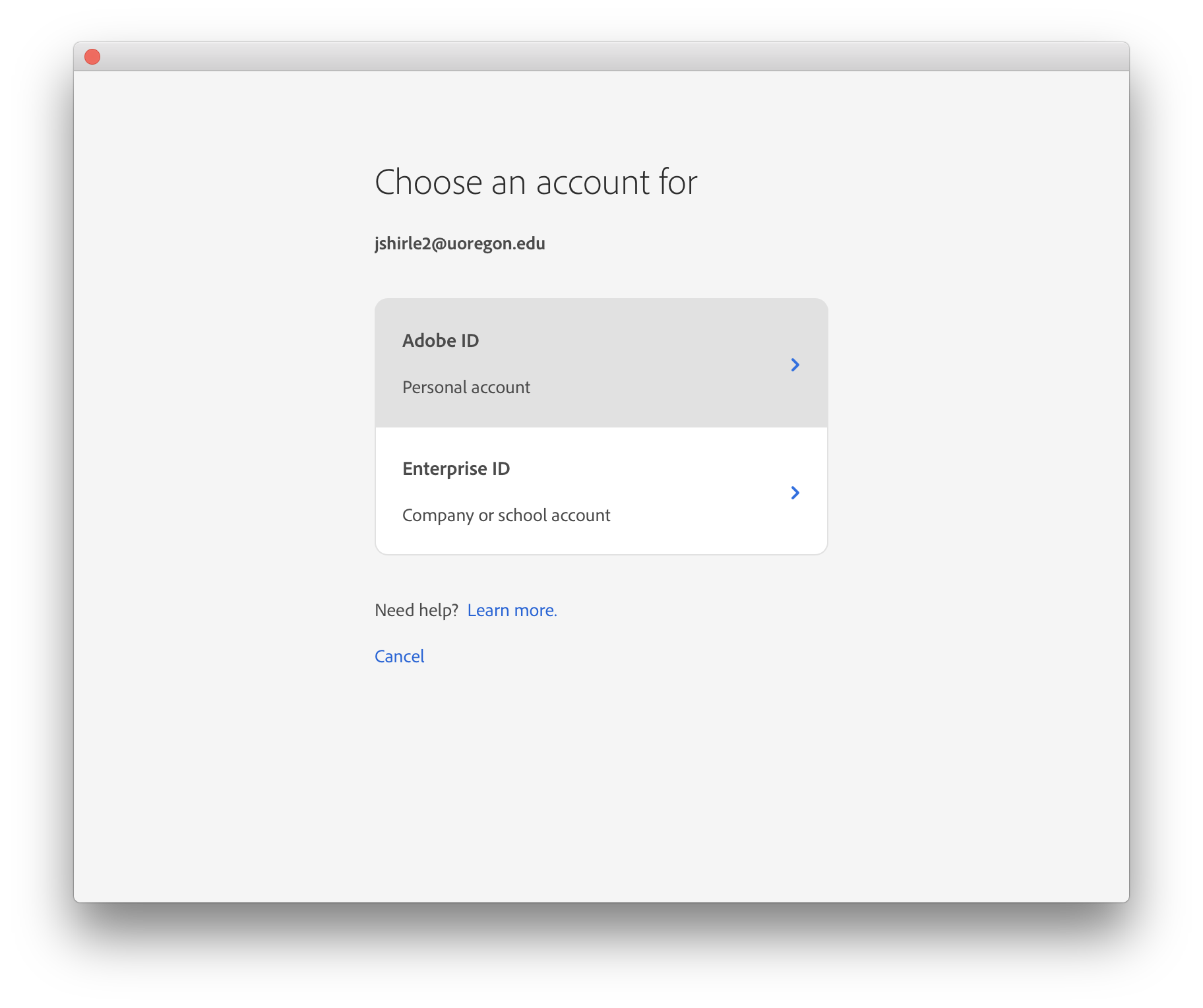 Choose Adobe account prompt (Adobe ID or Enterprise ID)