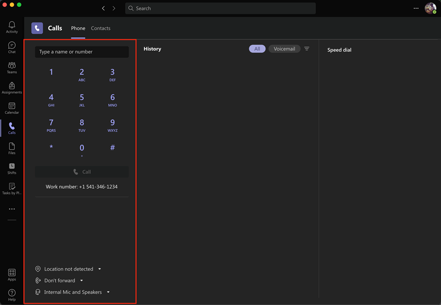 Teams Calling dial pad and calling panel
