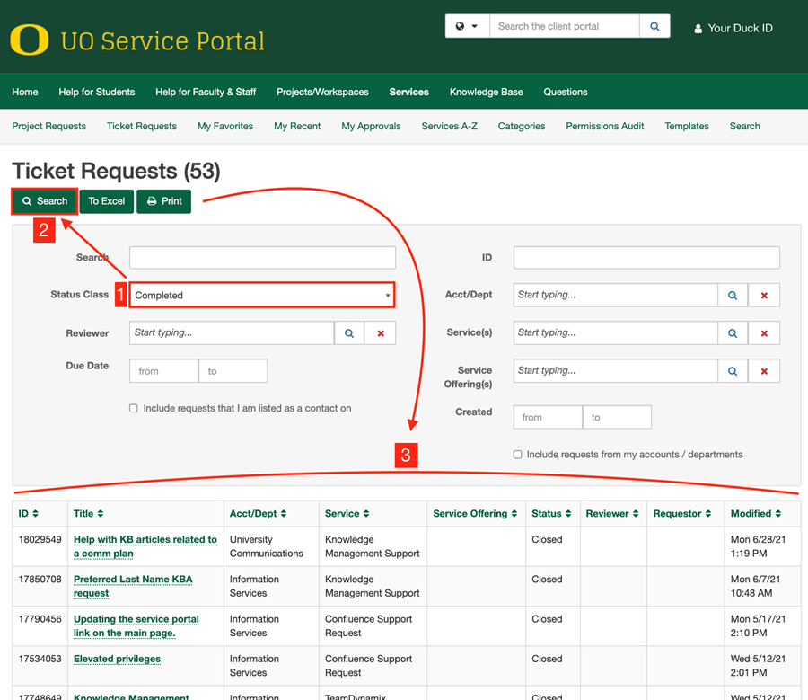 UO Service Portal Ticket Requests with Completed tickets highlighted
