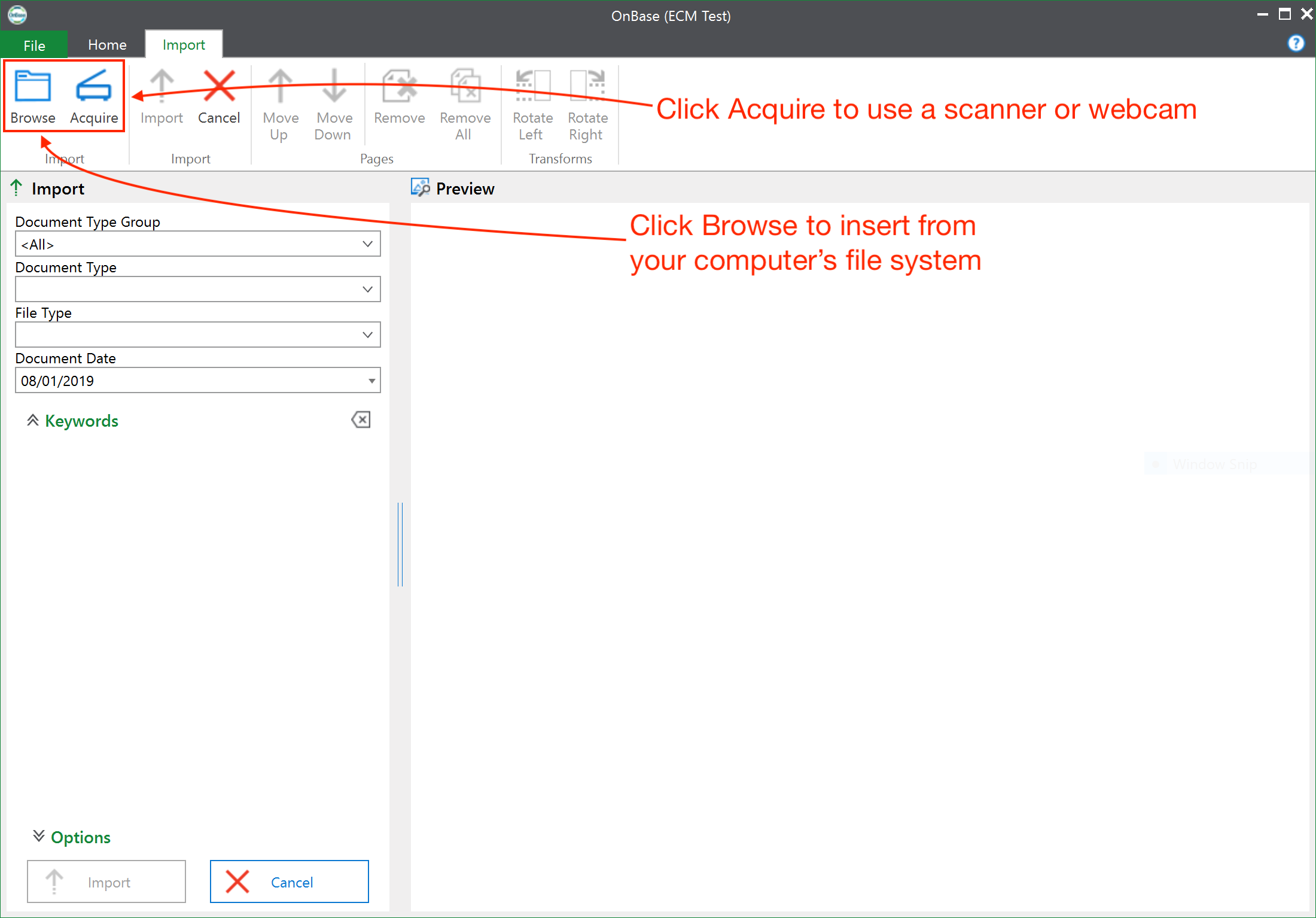 Select the Browse or Acquire buttons to scan documents: Browse will look at your file system and Acquire will scan via a scanner or connected webcam