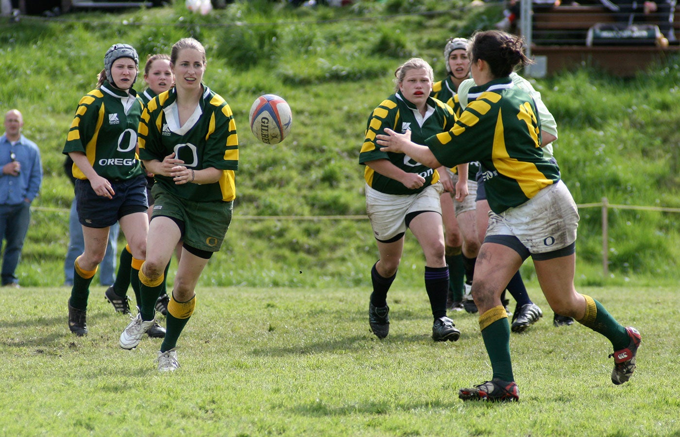 Students playing in a rugby match.
