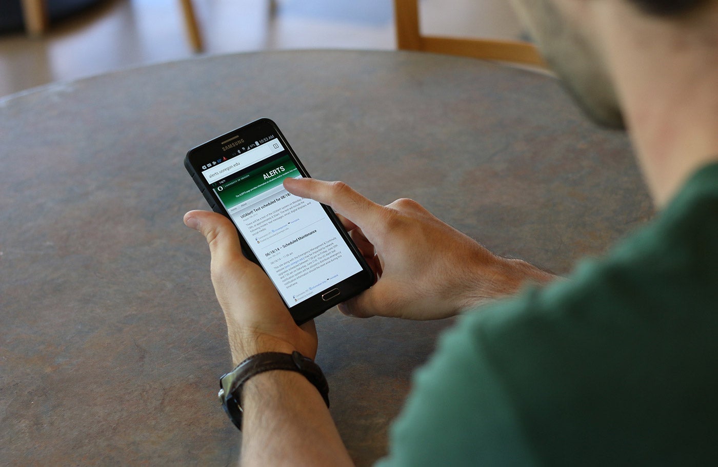 Person viewing alerts website on mobile phone.